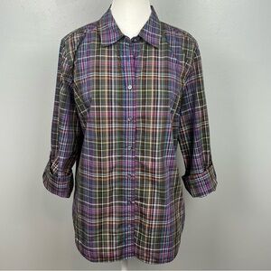 Talbots 100% plaid roll tab sleeve button front shirt, size 12.